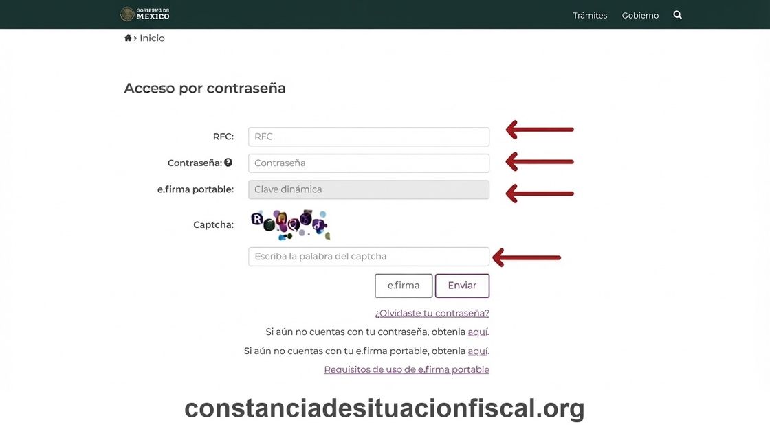 Acceso al SAT por contraseña con RFC y captcha para descargar la constancia de situación fiscal