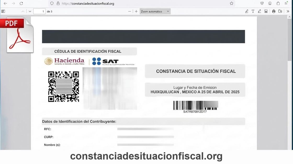 Ejemplo de constancia de situación fiscal en PDF generada por el SAT con Cédula de Identificación Fiscal