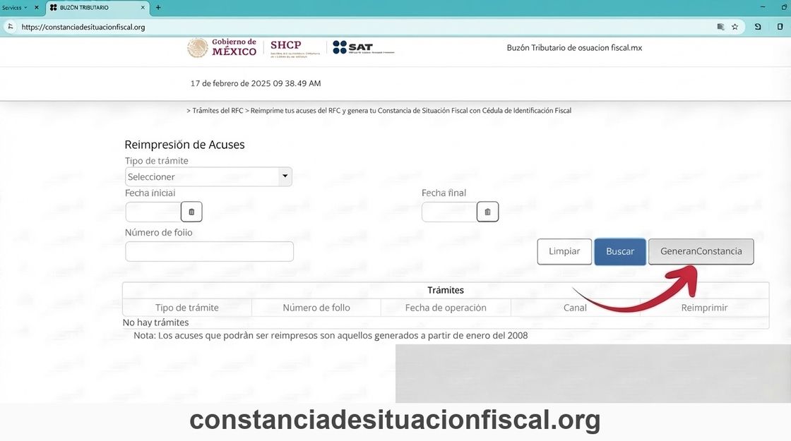 Botón Generar Constancia de Situación Fiscal en el portal del SAT para descargar el PDF
