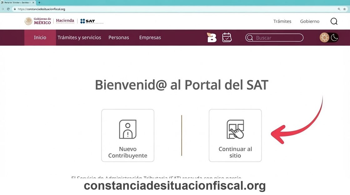 Portal del SAT en sat.gob.mx para generar la constancia de situación fiscal, botón Continuar al sitio